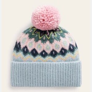 Boden Fluffy Fair Isle Hat in Blue & Pink (Adult)